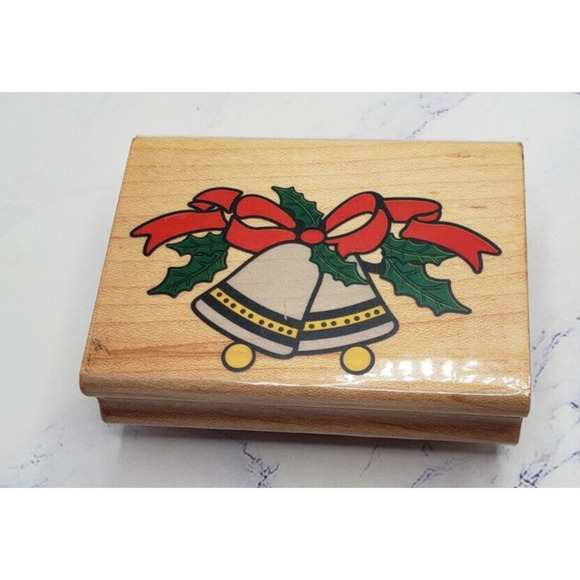 Christmas Bells Ribbon Canadian Maple Collection Wood Mounted Rubber Stamp X3022 - Picture 1 of 7